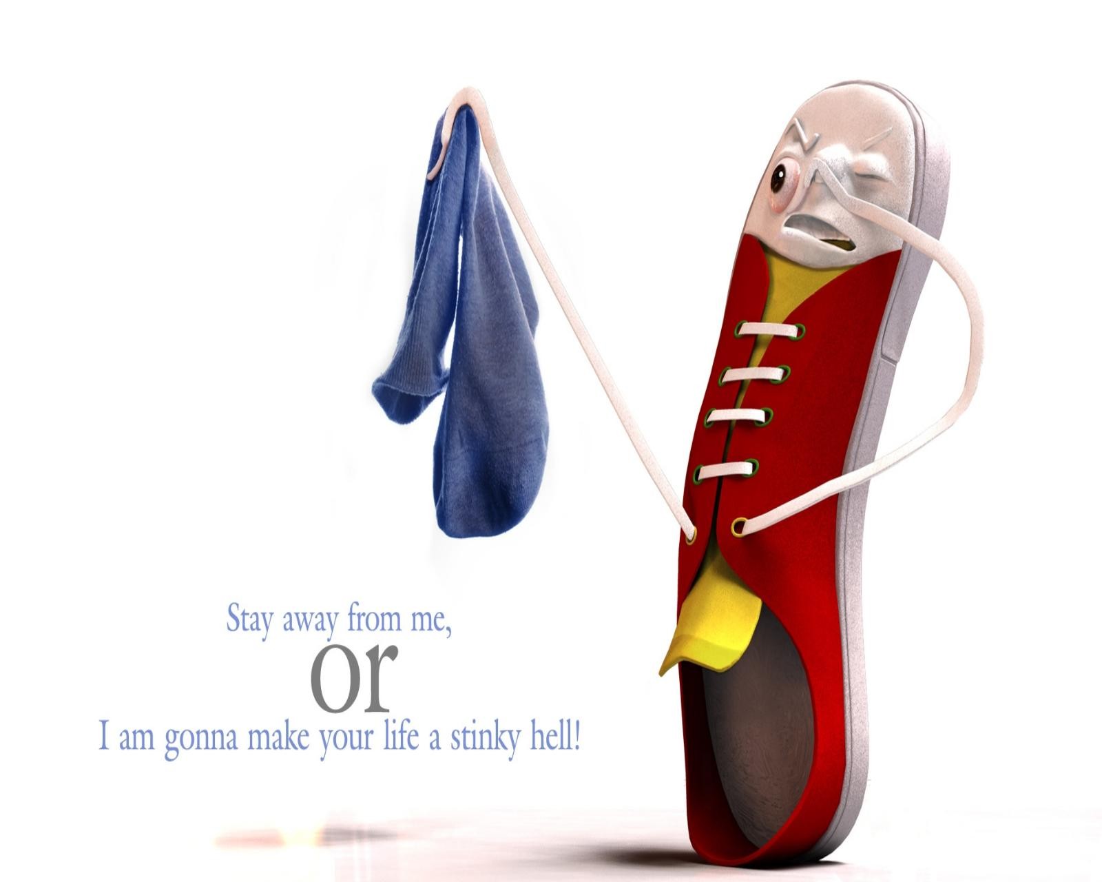 There is a cartoon shoe with a blue shirt hanging on a clothes line (3d, comedy, funny, saying, shoe)