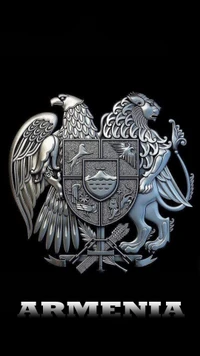 Armenia National Emblem Featuring an Eagle and Lion Against a Black Background