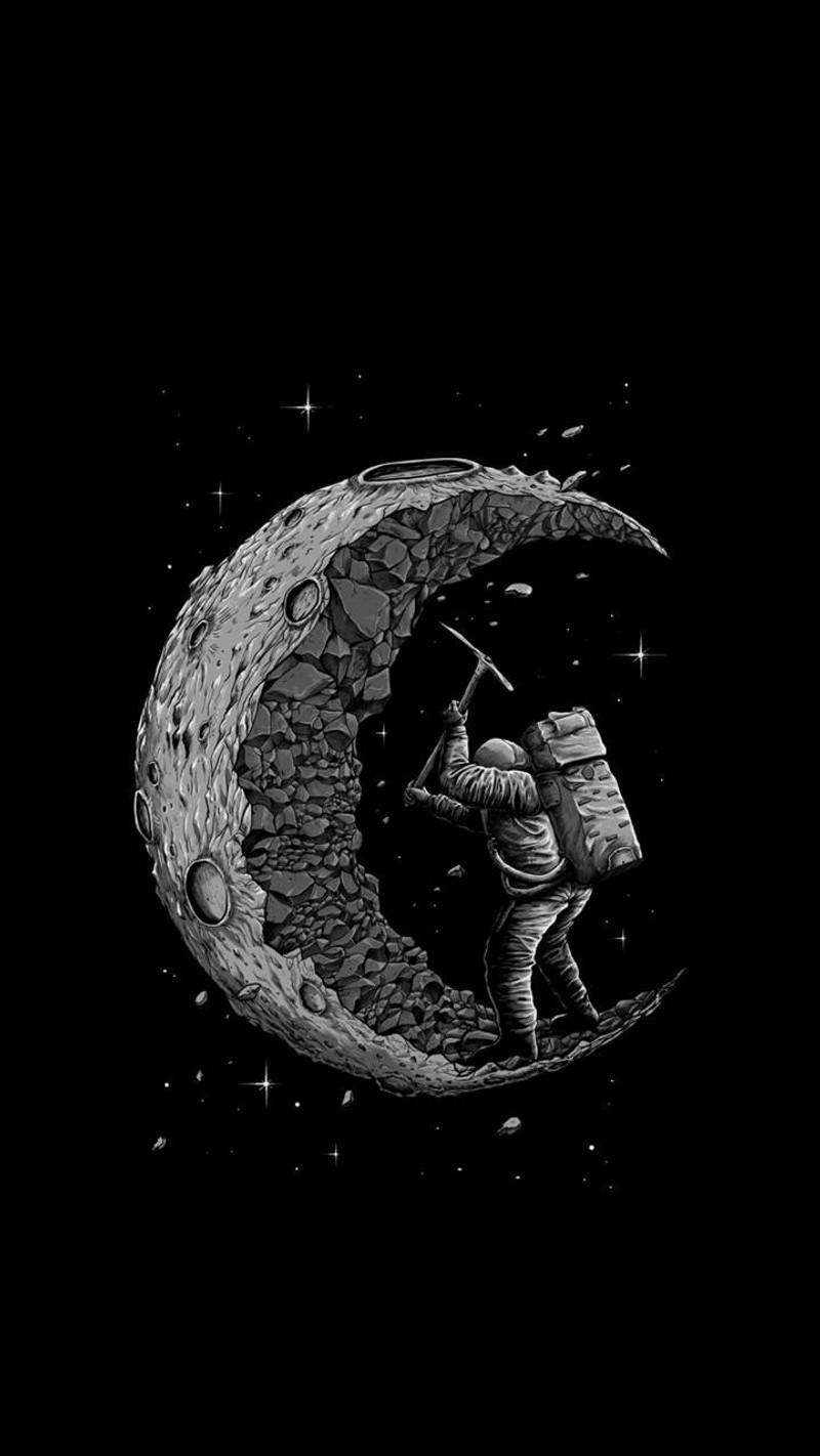 Ilustración en blanco y negro de un hombre en la luna (coches, construcción, oscuro, equipo, halloween)