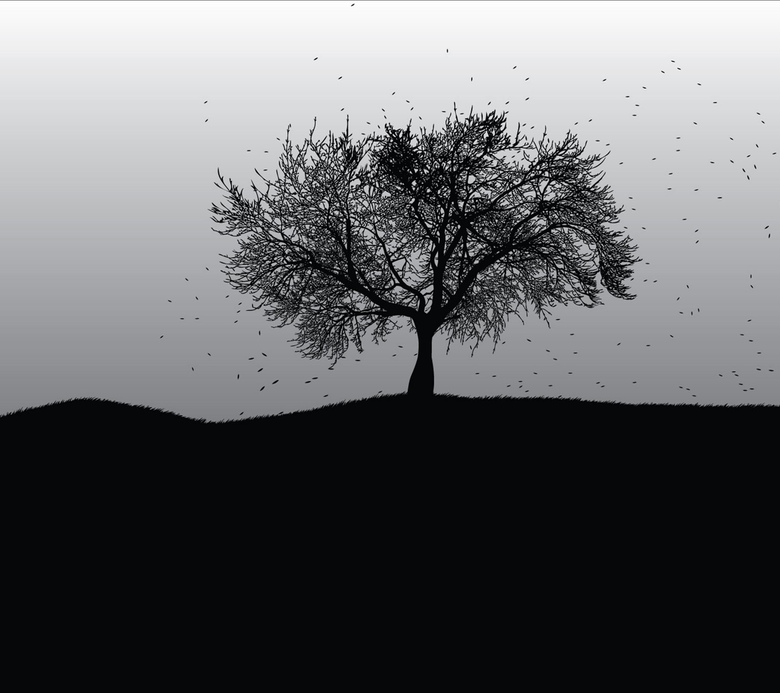 There are many birds flying around a tree on a hill (grey, tree)