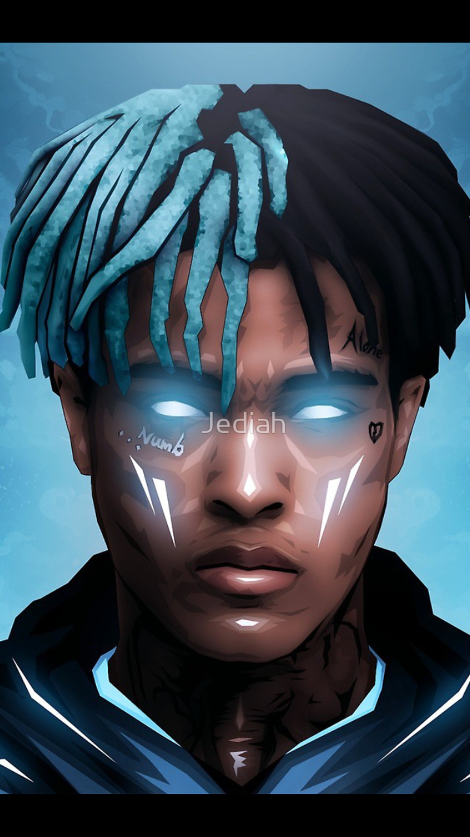 A close up of a person with blue hair and a face (rip)