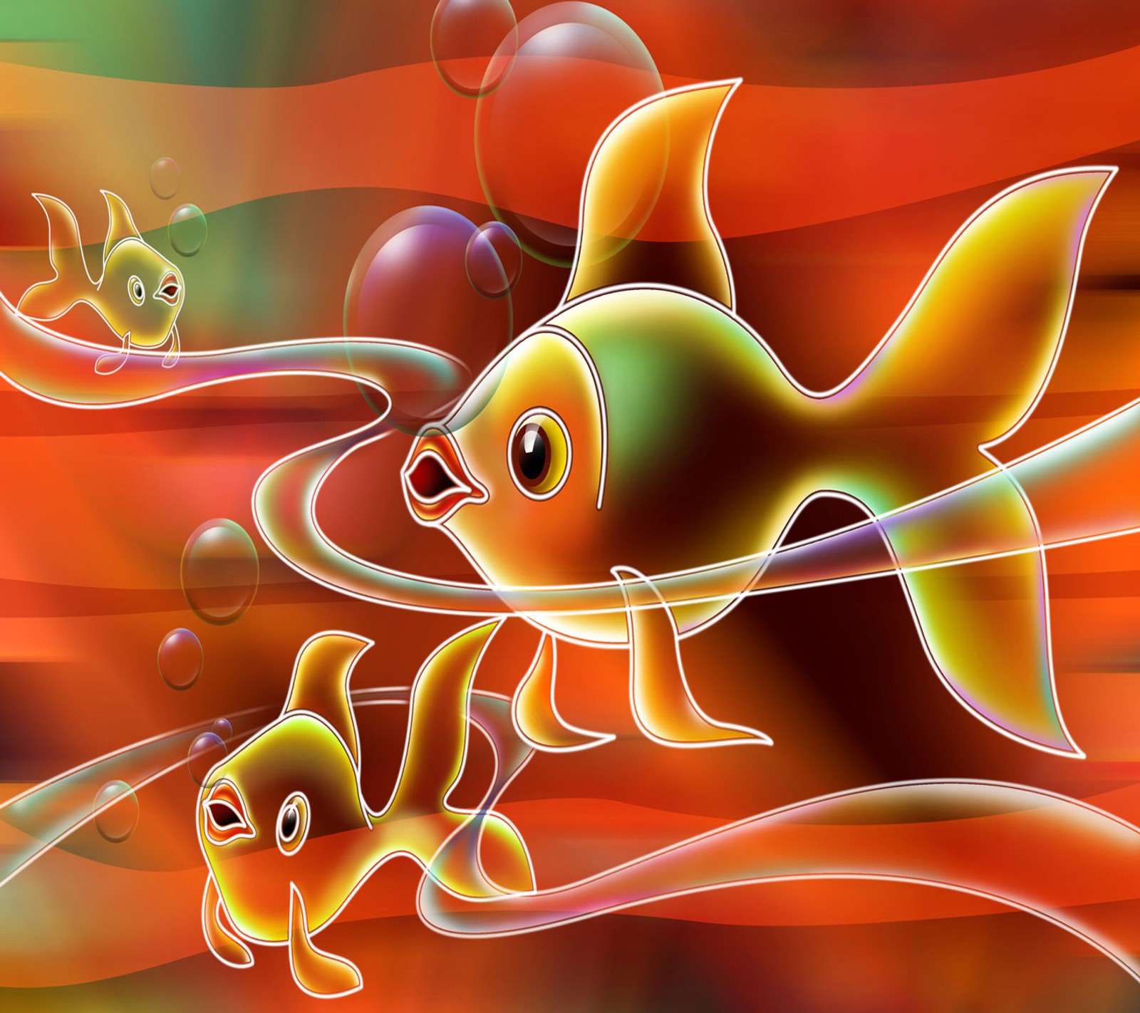 There are two fish swimming in the water with bubbles (fishes, gold)