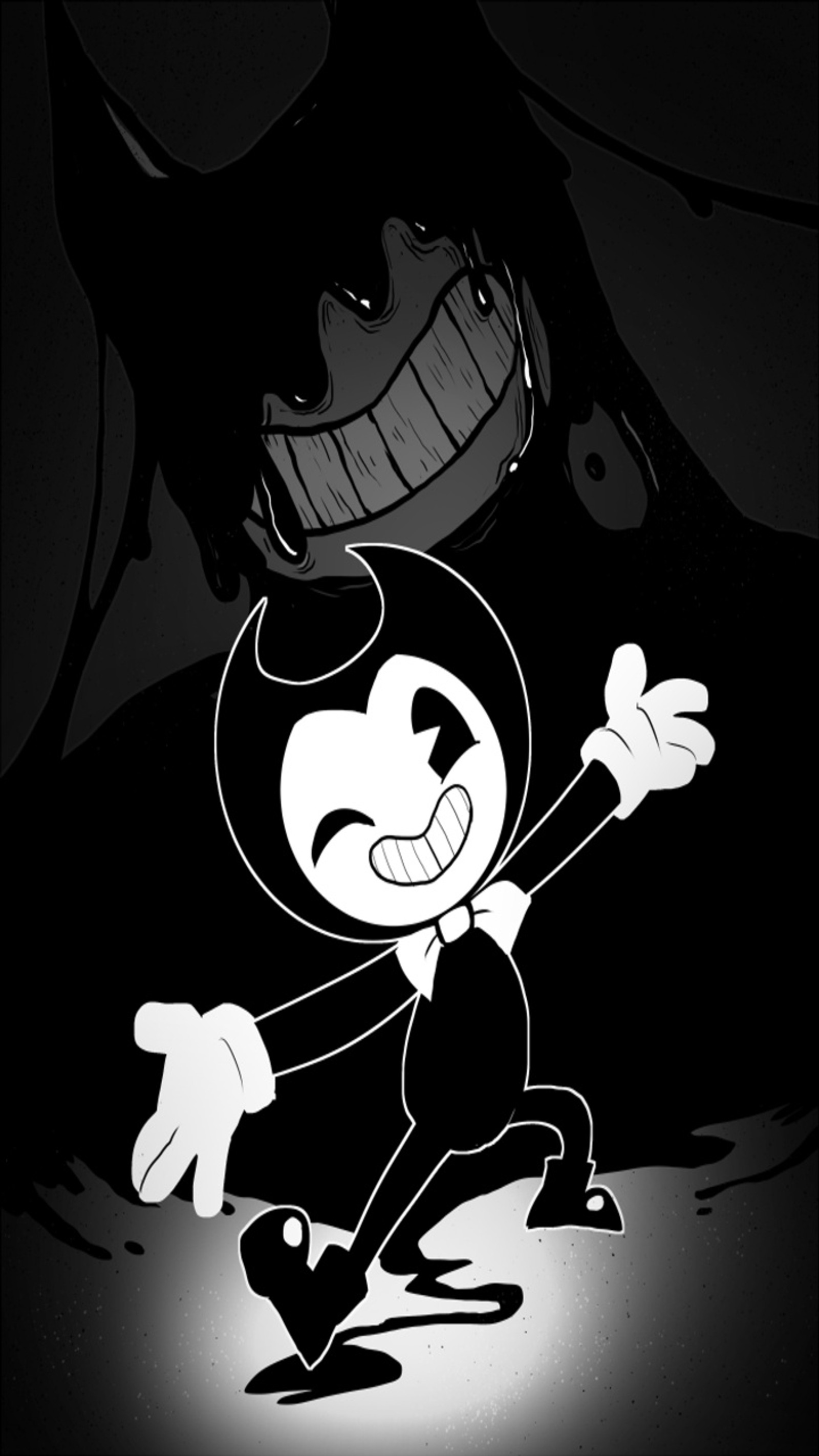 Personaje de dibujos animados con una cara espeluznante y una sonrisa escalofriante (bendy, bendy y la máquina de tinta, bendy and the ink machine, negro)