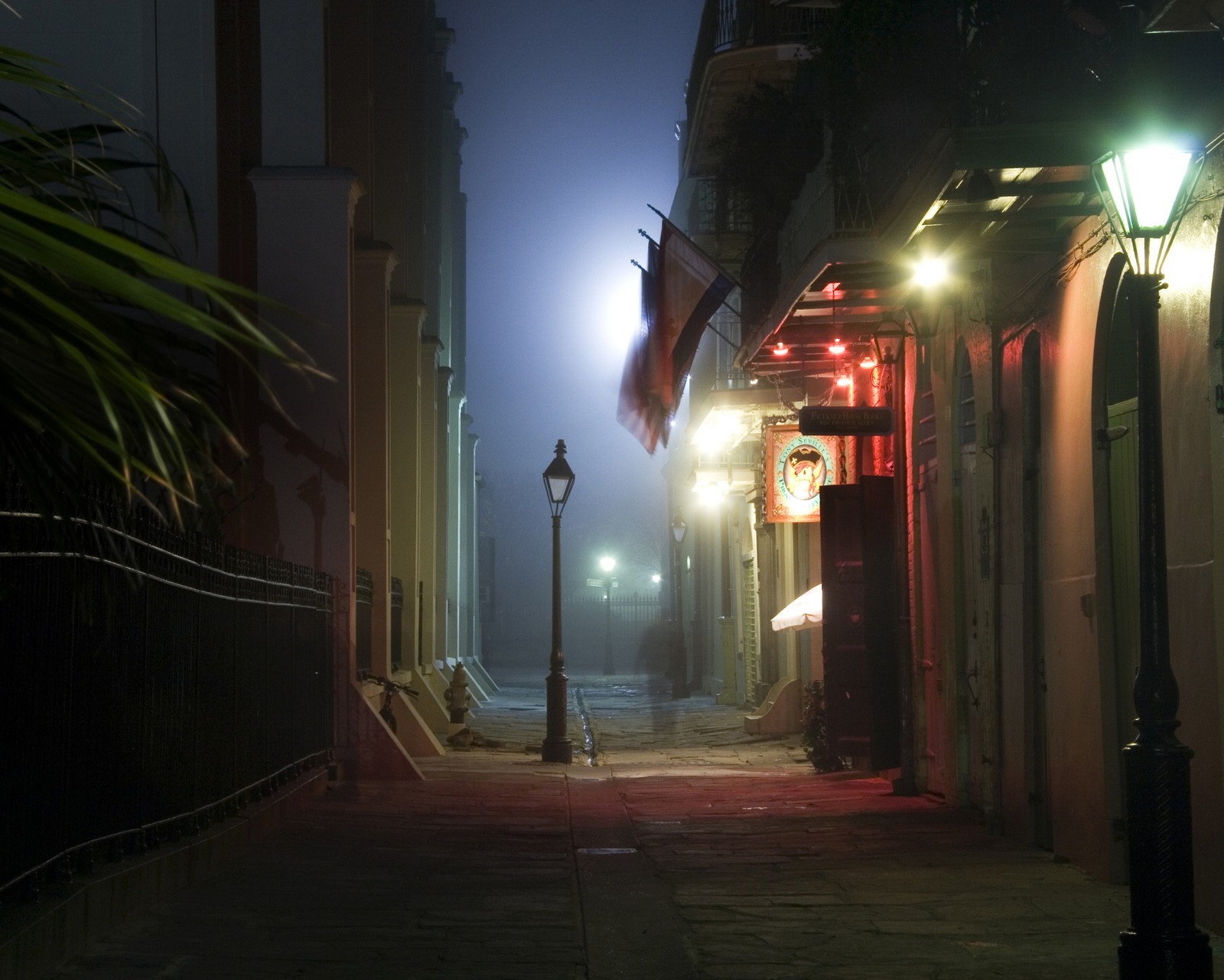 Vista noturna de uma rua com um poste de luz e uma luz de rua (asiático, luzes da cidade asiática, névoa, lanterna, luzes)