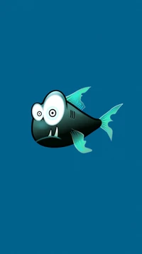 Cartoon-style fish with exaggerated features, resembling a friendly monster, set against a blue background.