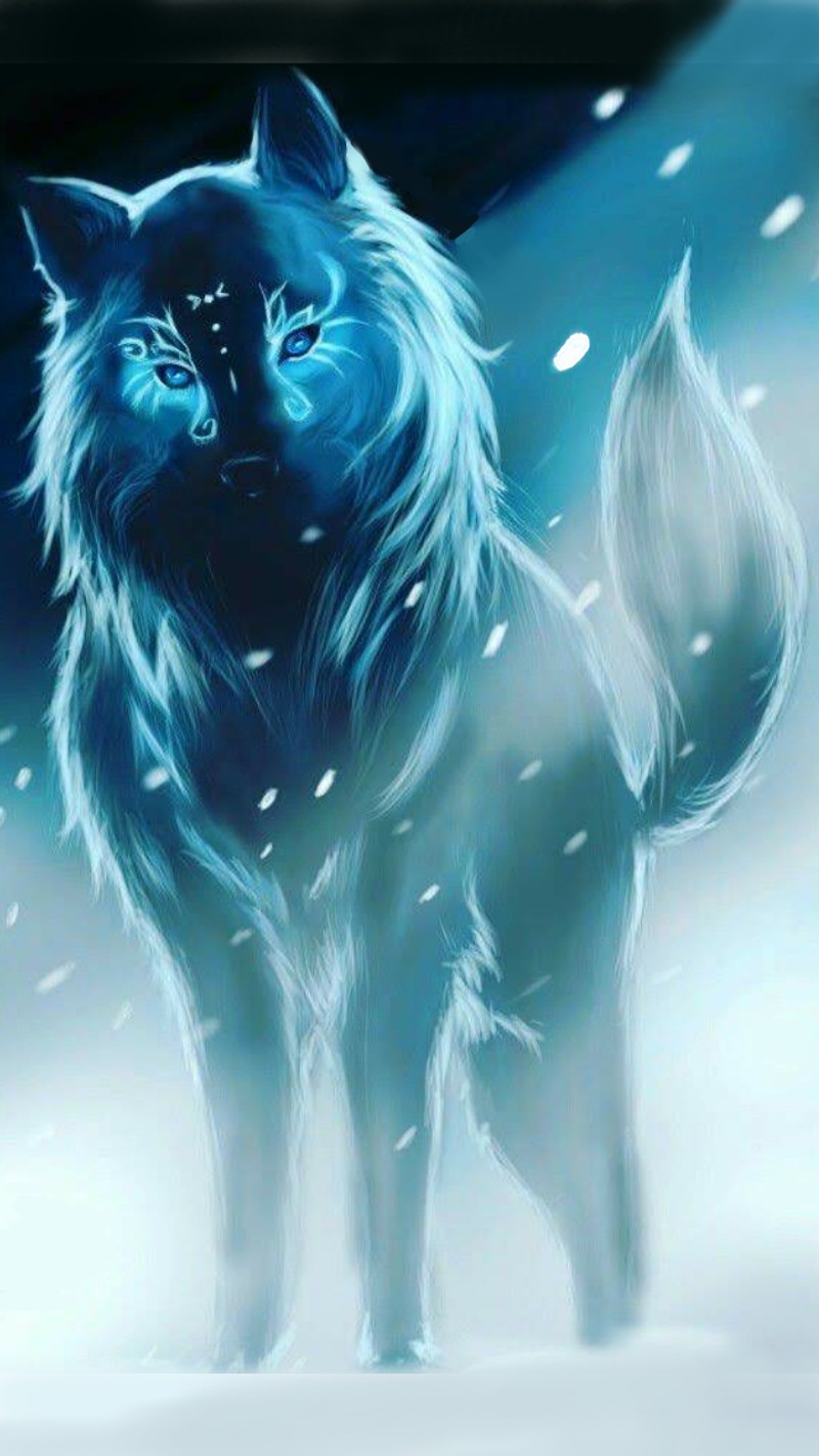 Un primer plano de un lobo de pie en la nieve con un fondo azul (arte, kawaii, mysticism)