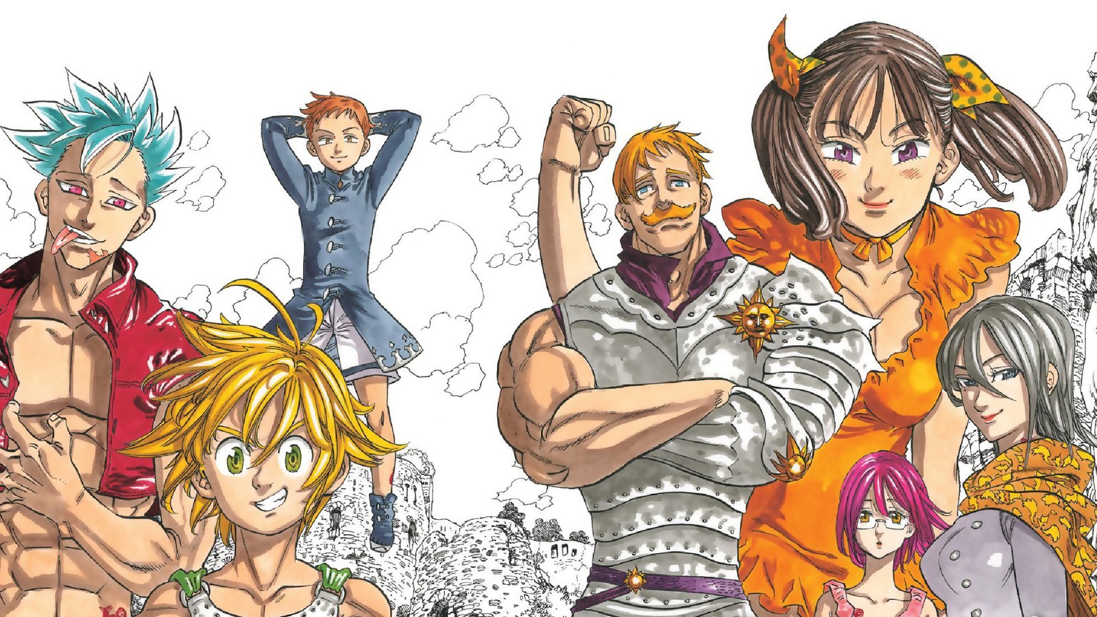 Un grupo de personajes de anime parados uno al lado del otro (anime, prohibición, diane, escanor, gother)