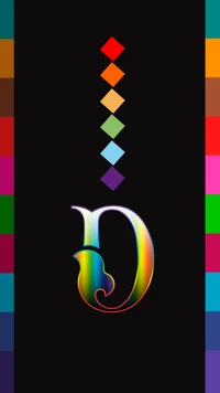 Colorful letter "D" with vibrant diamond shapes above, set against a black background.