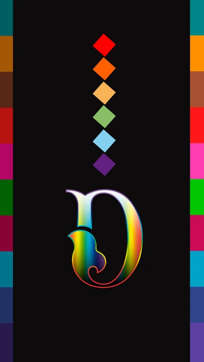 Colorful letter "D" with vibrant diamond shapes above, set against a black background.