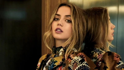 Elegant portrait of Ana de Armas showcasing her beauty and captivating presence in a stylish floral outfit.