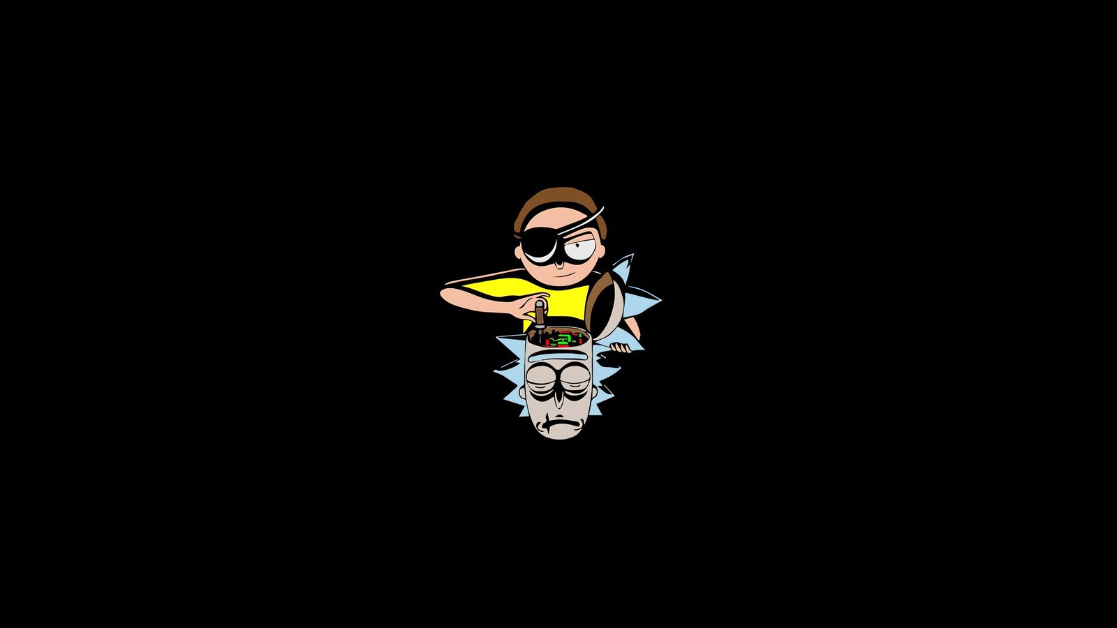 Cartoon character with a yellow shirt and sunglasses on a black background (evil morty, rick and morty, cartoon, tv series, rick sanchez)