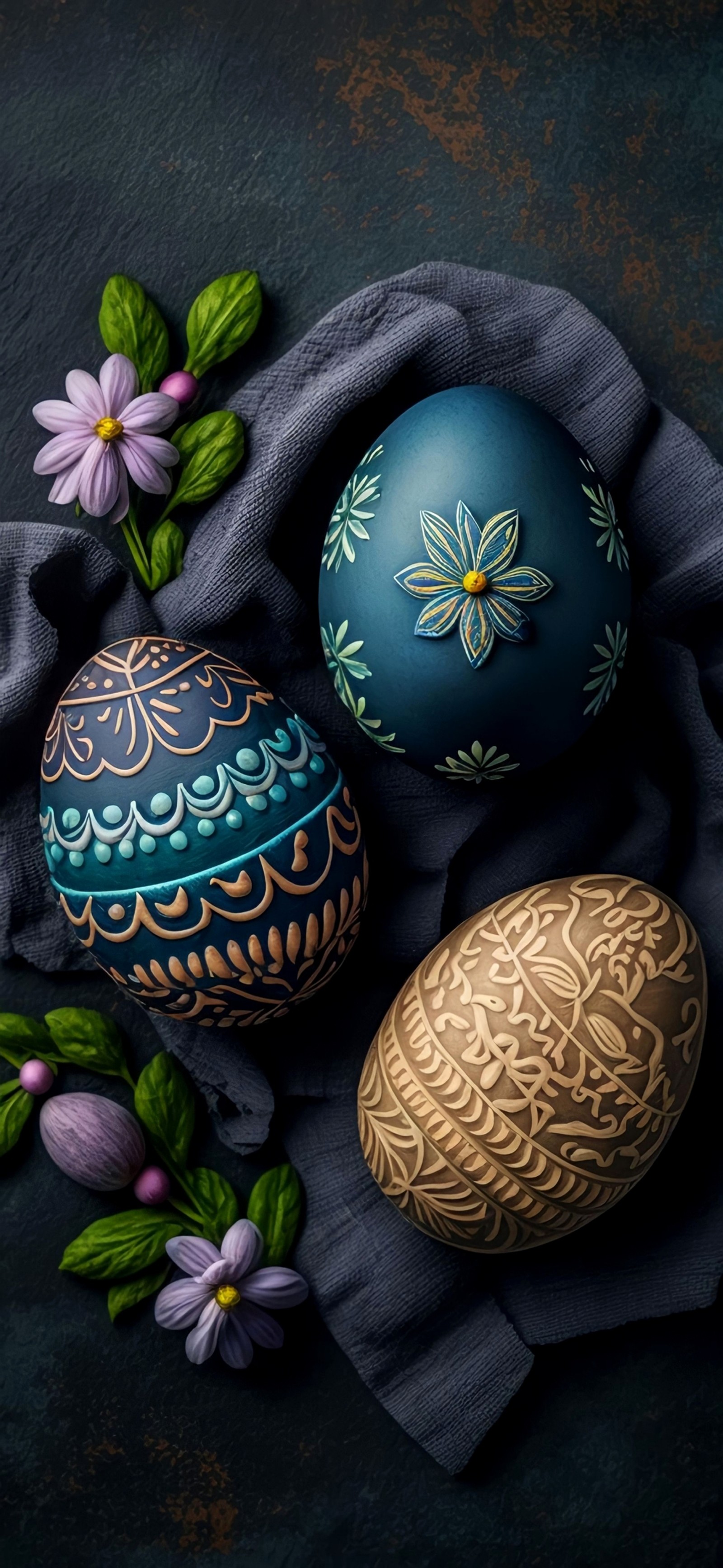 Tres huevos con diseños sobre ellos están sobre una tela (huevo de pascua, botánica, platos, textil, utensilios de servir)