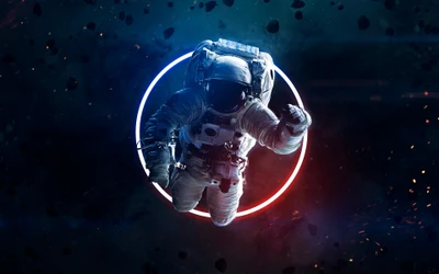 Futuristic Astronaut in Neon Light Amidst Asteroids