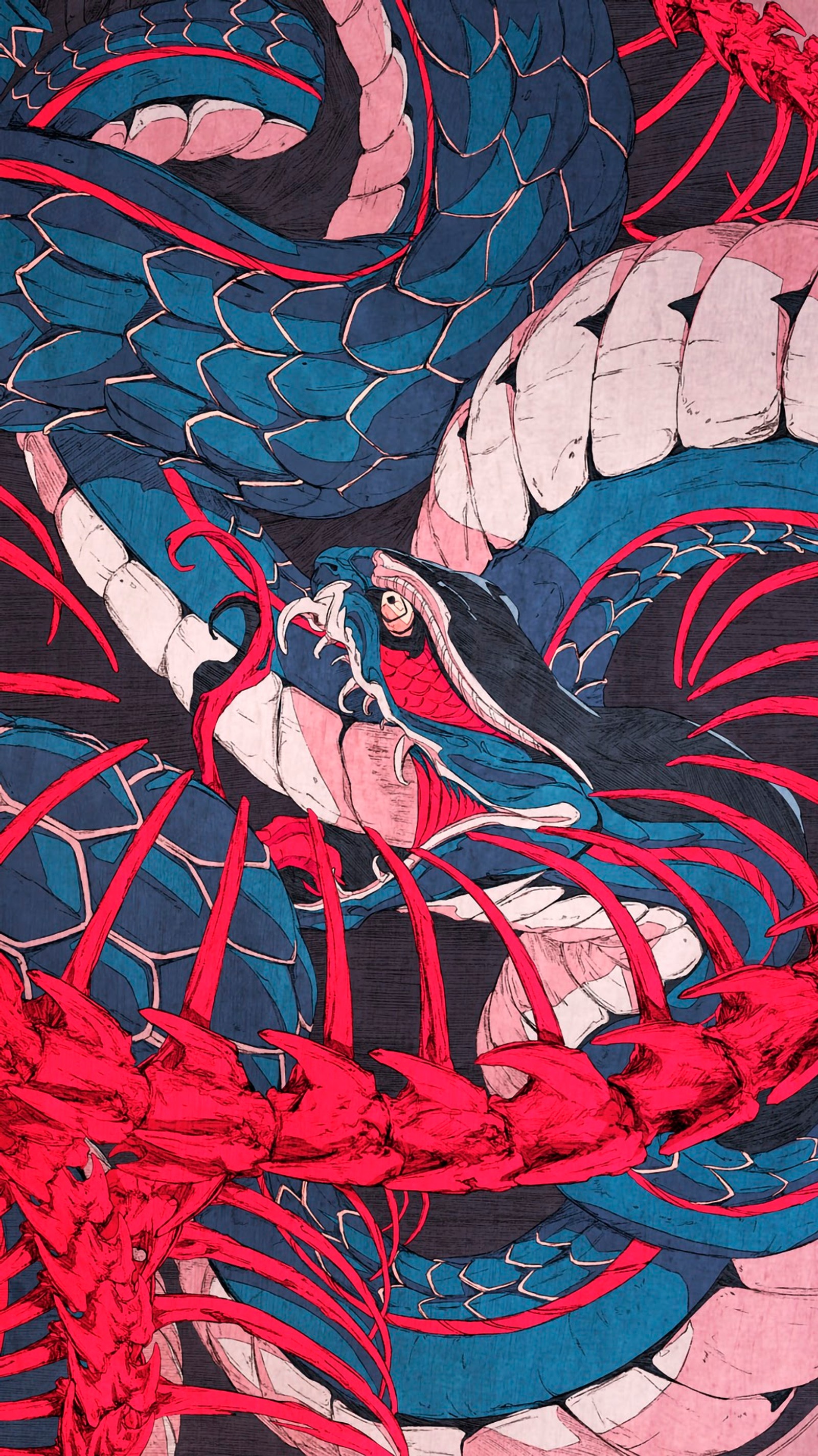 Es gibt einen großen roten und blauen drachen auf einem tisch (illustration, japanische kunst, zeichnung, rot, organ)