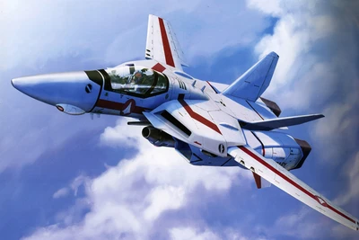 VF-1 Valkyrie en vuelo: icónico caza de anime surcando las nubes