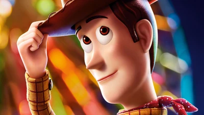 Woody from Toy Story 4 tipping his hat against a colorful background.