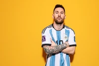 Lionel Messi en maillot argentin contre un fond jaune vif, capturant l'essence du football et du Qatar 2022.