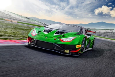 Lamborghini Huracán GT3 Evo2 в действии на гоночной трассе, демонстрируя свой элегантный дизайн и соревновательный дух.