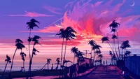 sunset, illustration, digital art, scenery wallpaper