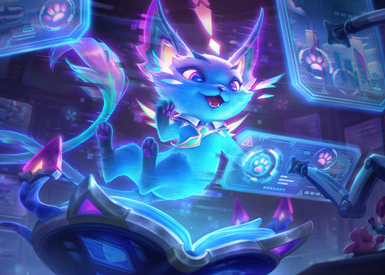 A blue dragon with a glowing head and a glowing tail (cyber cat yuumi, league of legends, games, 4k wallpaper)