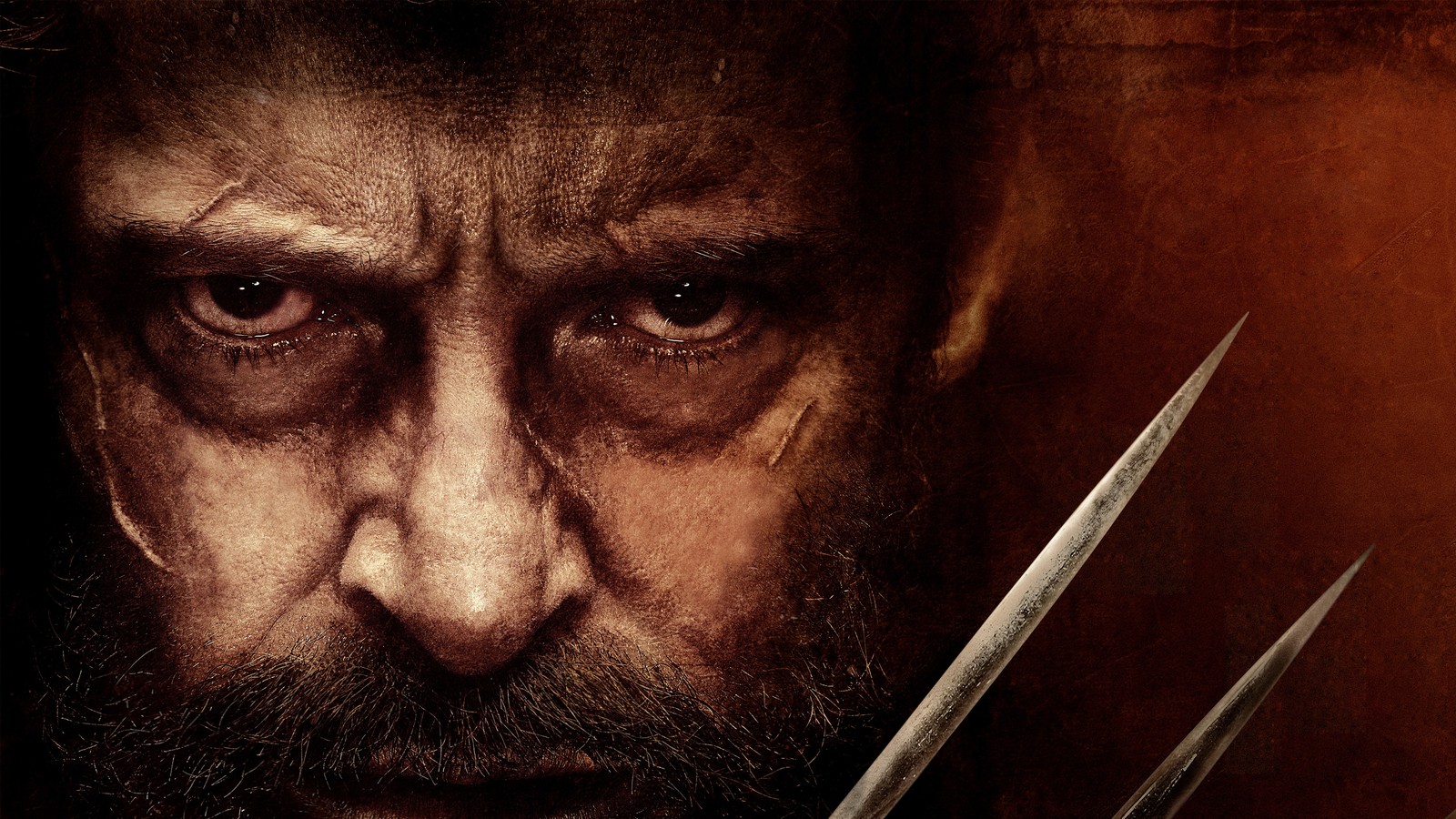 A close up of a man with a beard and a knife (wolverine, portrait, human, eye, facial hair)