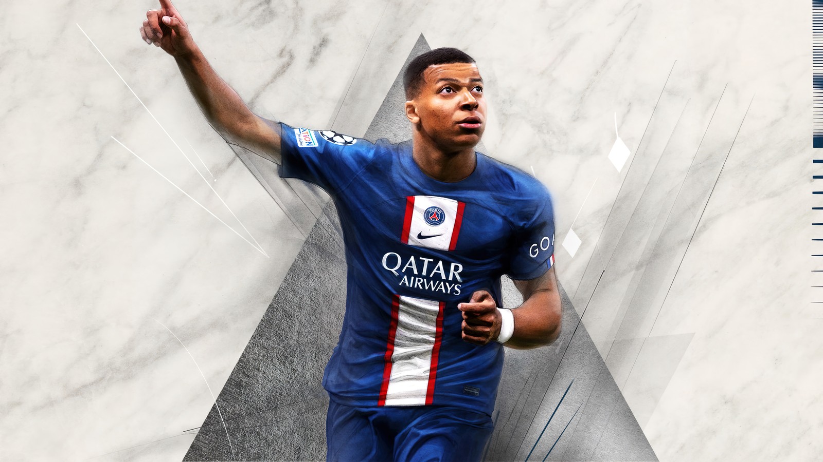 Hay un hombre que está de pie frente a una pared (fifa 23, fútbol, videojuego, kylian mbappé, kylian mbappe)