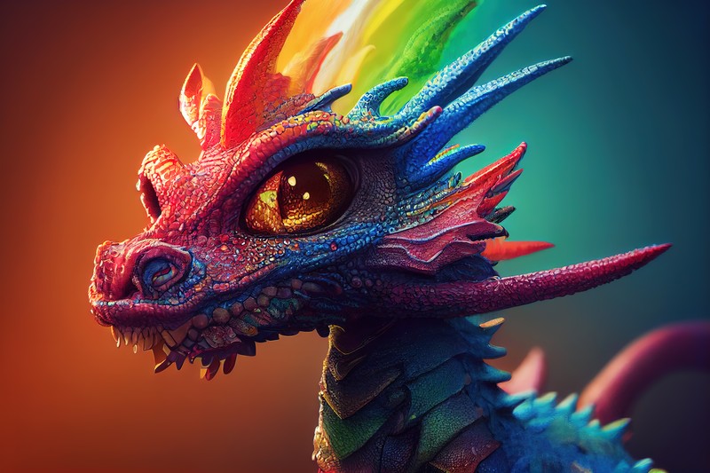 Крупный план цветного дракона с радужным хвостом (rainbow dragon, цветной фон, midjourney, поп арт, графика cgi)