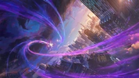 Vibrant Urban Skyline with Electric Purple Visuals