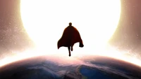 Superman Soaring Above Earth Against a Celestial Sun