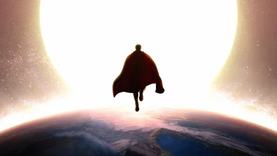 Superman, der über der Erde gegen eine himmlische Sonne schwebt