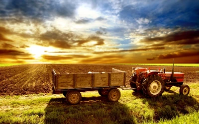 Tracteur dans une prairie dorée au coucher du soleil