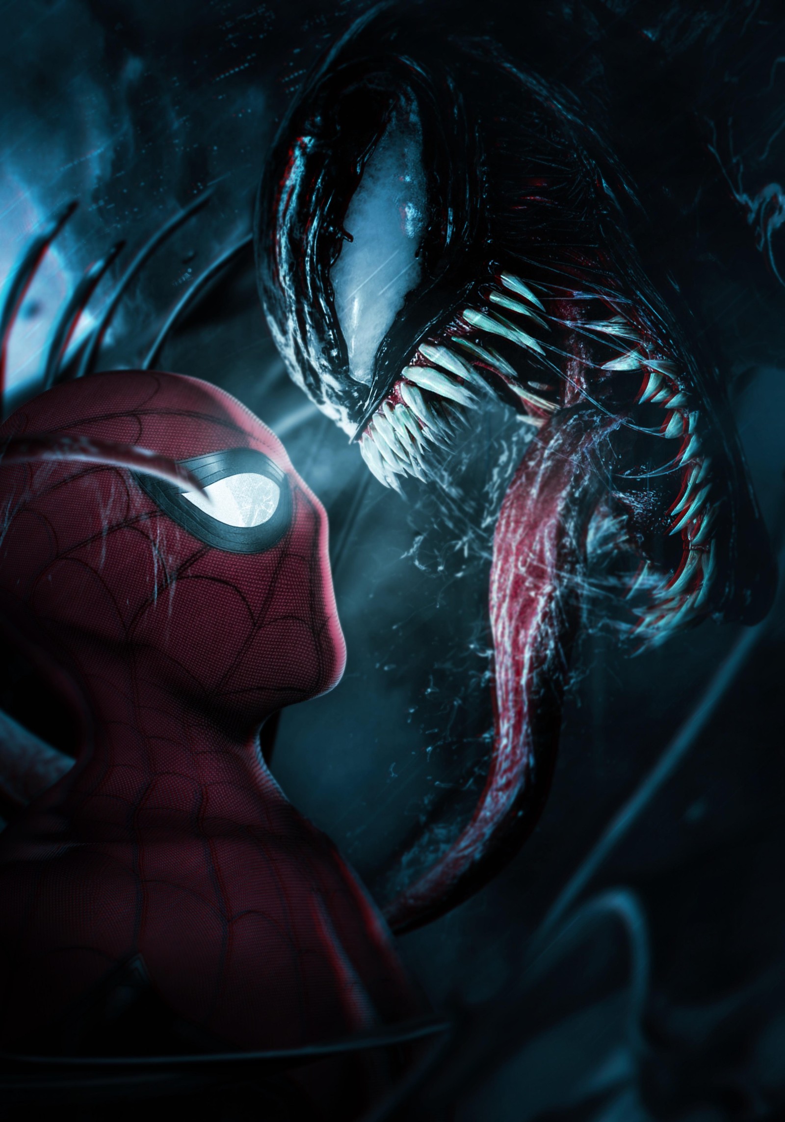 Homme araignée et venom dans une pièce sombre avec une lumière qui brille sur lui (spider man, marvel comics, spiderman, graphismes cgi, graphics cgi)