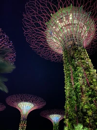 Árboles Supertrees iluminados a medianoche: Una fusión de naturaleza e innovación en Singapur