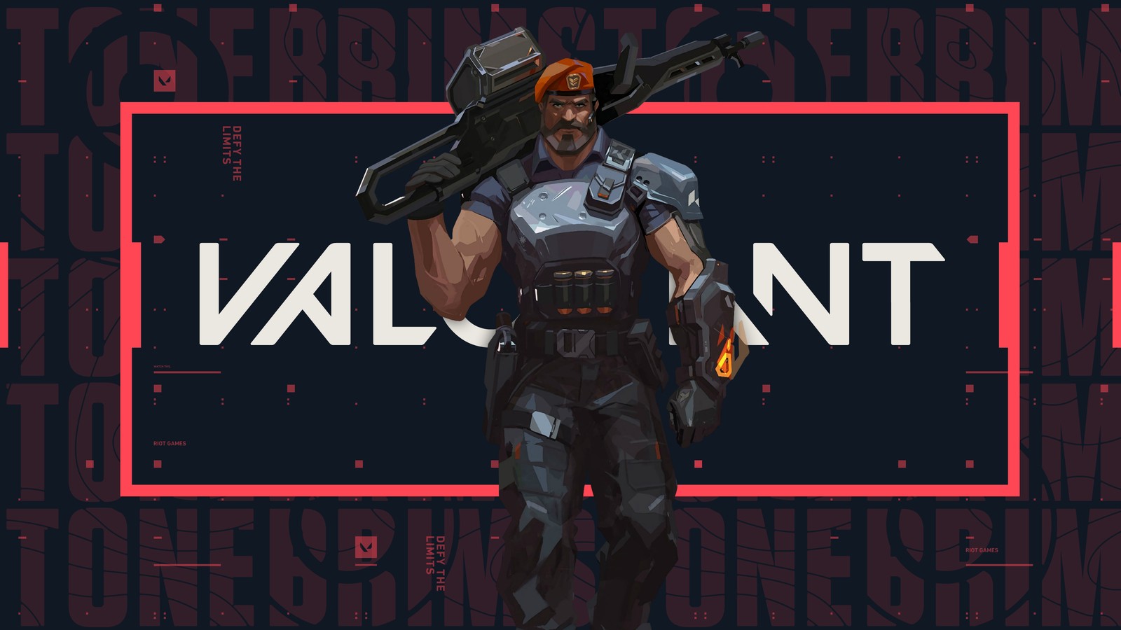 A man with a gun and a helmet stands in front of a sign that says valornt (valorant, video game, brimstone)