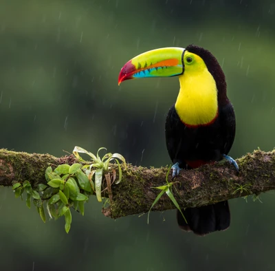 Colorful Toucan Perched in Rainy Jungle Setting