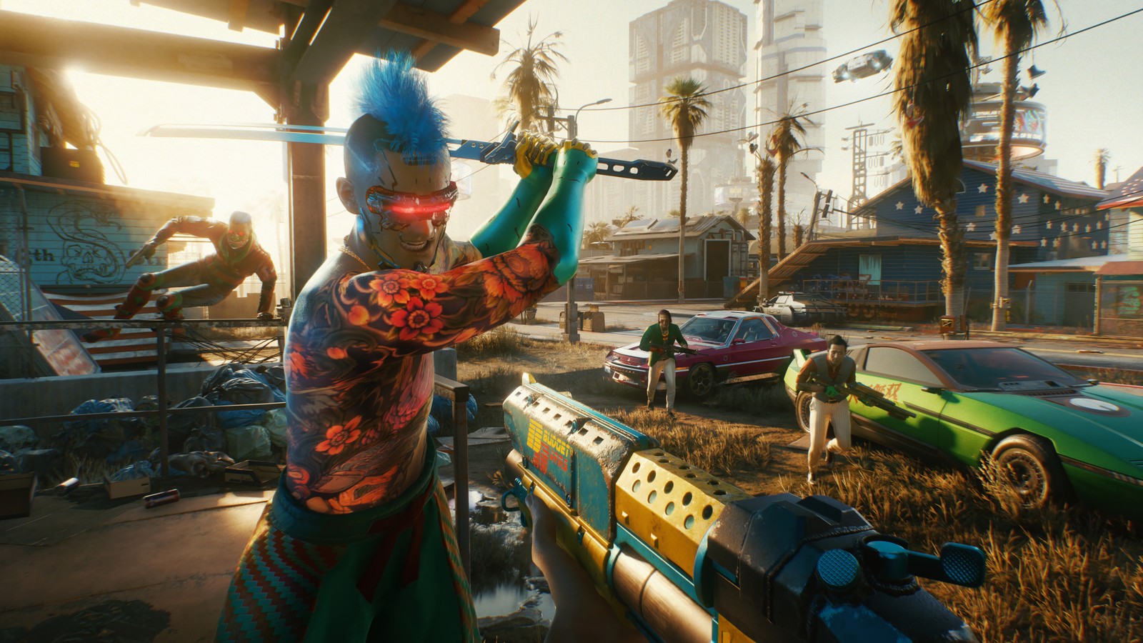 Baixar papel de parede cyberpunk 2077, jogo de vídeo, katana, inimigos