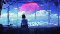 Fille d'anime regardant les étoiles contre un ciel cosmique