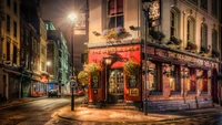 Charmante ruelle londonienne la nuit avec le pub Le Souffleur de Verre