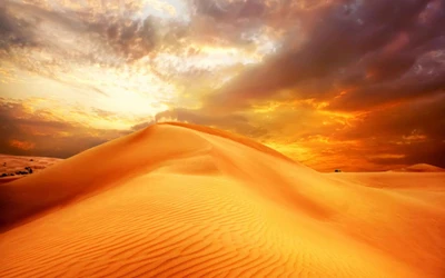 Paysage de dunes dorées au coucher du soleil avec des ciels dramatiques