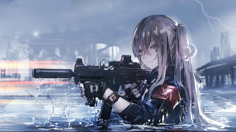 Аниме девушка с оружием в воде на фоне города (аниме, anime, фронт девушек, girls frontline, видеоигра)