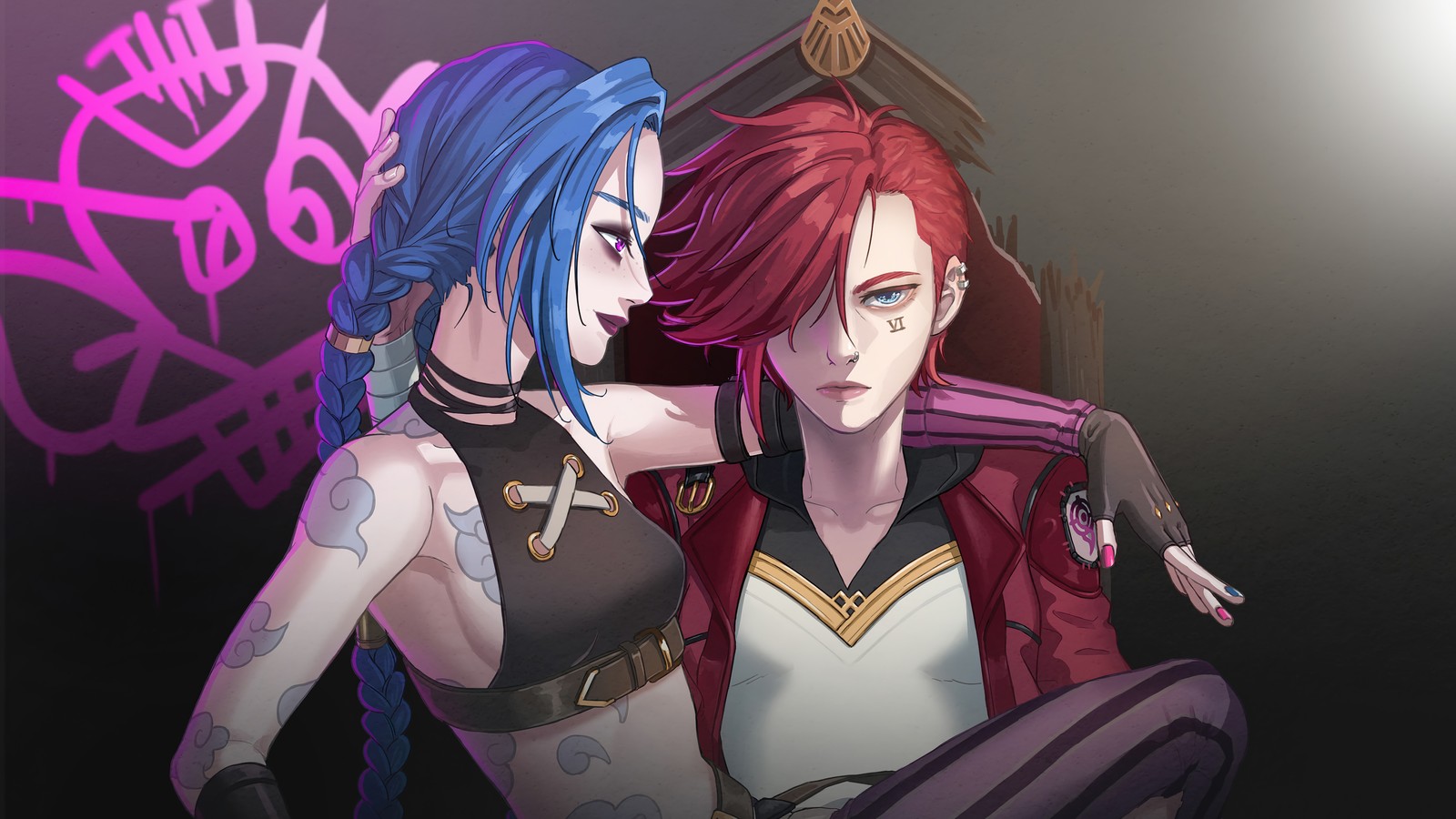 Deux filles anime aux cheveux bleus et rouges posent pour une photo (arcane series, série télévisée, arcane, jinx, vi)