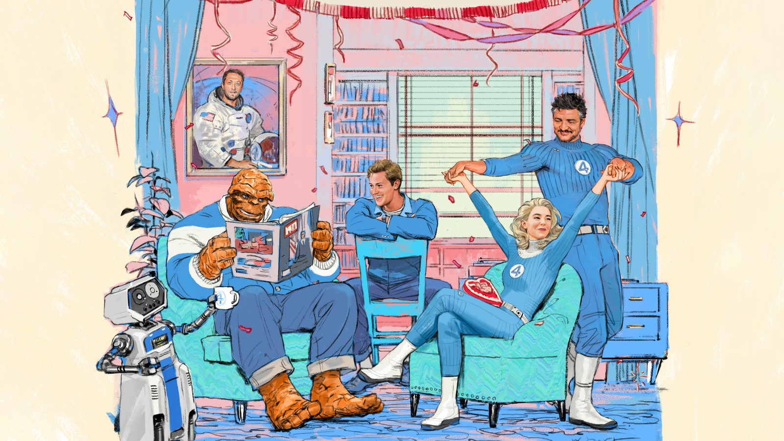 A drawing of a group of people sitting in a living room (fantastic 4, movie, marvel, the thing, johnny storm)