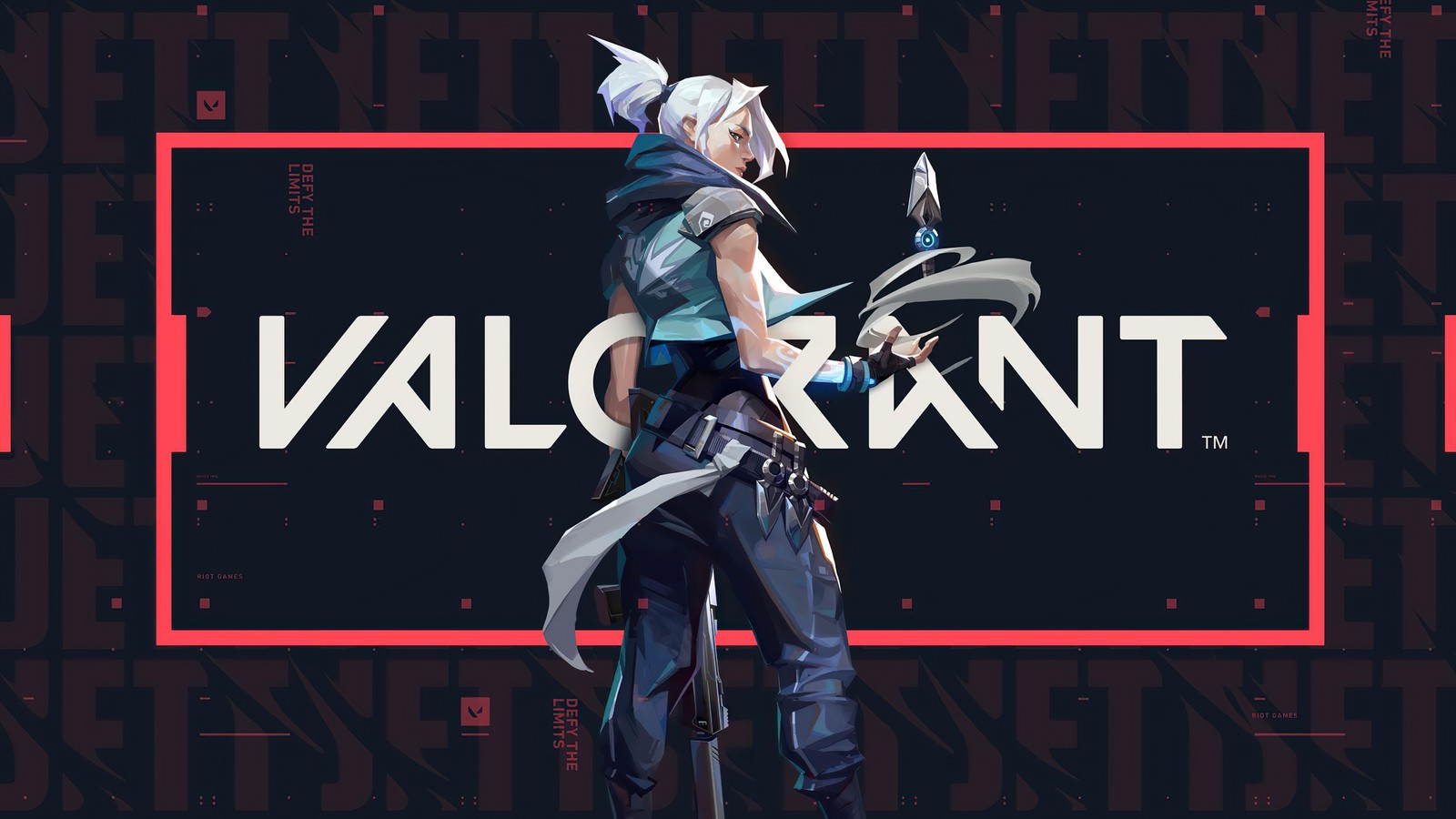 A man in a black outfit holding a sword and standing in front of a red and black background (valorant, video game, jett)