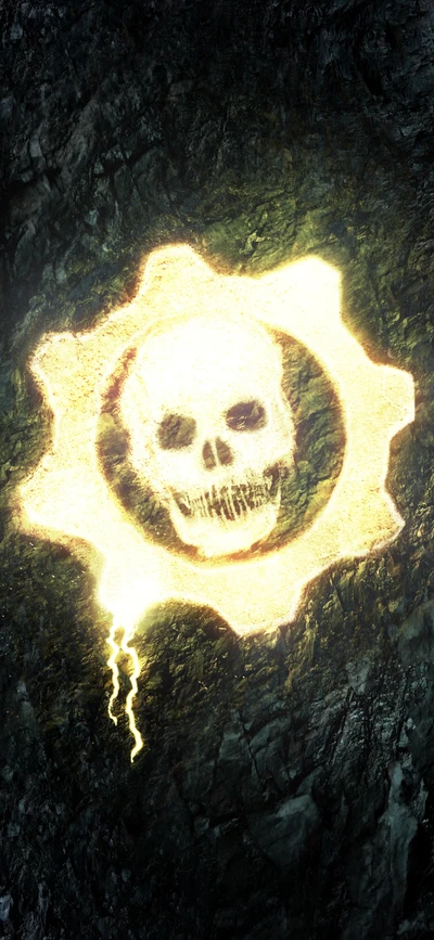 Cráneo brillante rodeado por un emblema de engranaje, contra un fondo oscuro y texturizado, simbolizando la franquicia Gears of War.