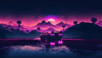 Carro esportivo retrowave sob uma paisagem montanhosa iluminada pela lua de néon