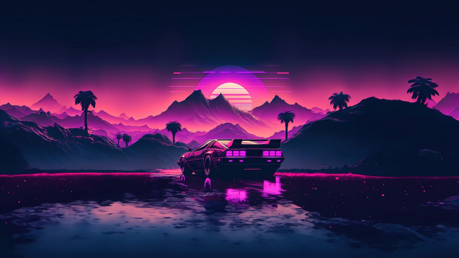 Un coche está estacionado frente a una montaña con un atardecer (coche deportivo, luna, montaña, retrowave, synthwave)