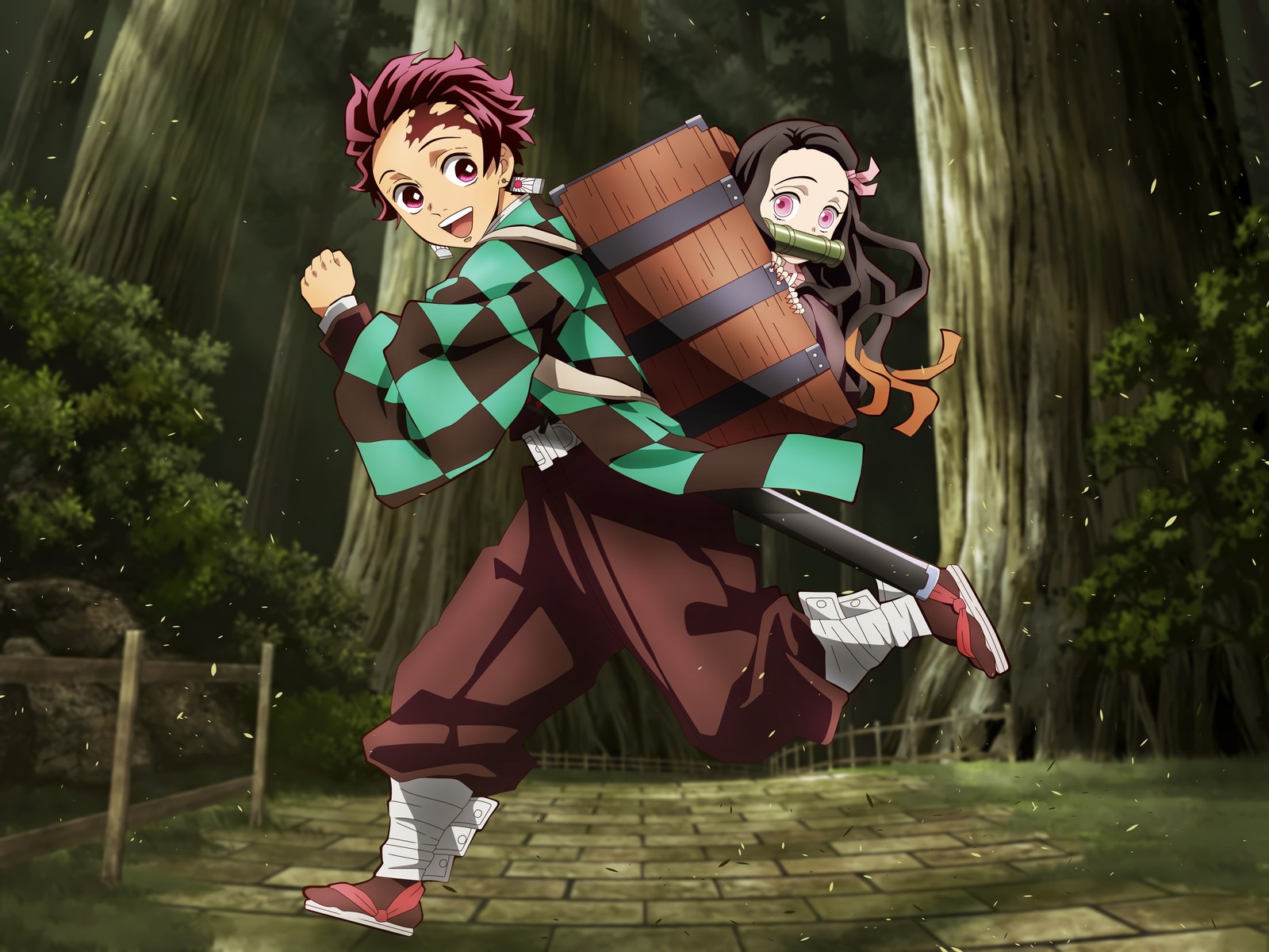 Anime-charaktere rennen im wald mit einem fass (dämonentöter kimetsu no yaiba, demon slayer kimetsu no yaiba, 5k, nezuko kamado, tanjiro kamado)