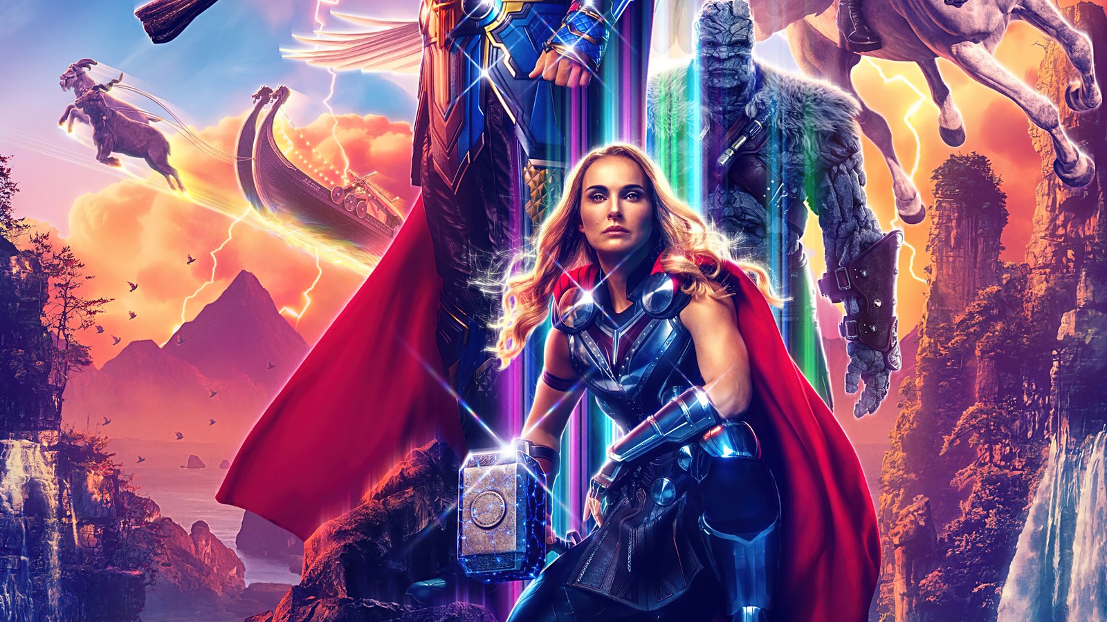 A poster of the movie thor and the avengers (jane foster, lady thor, korg, 2022, movie)