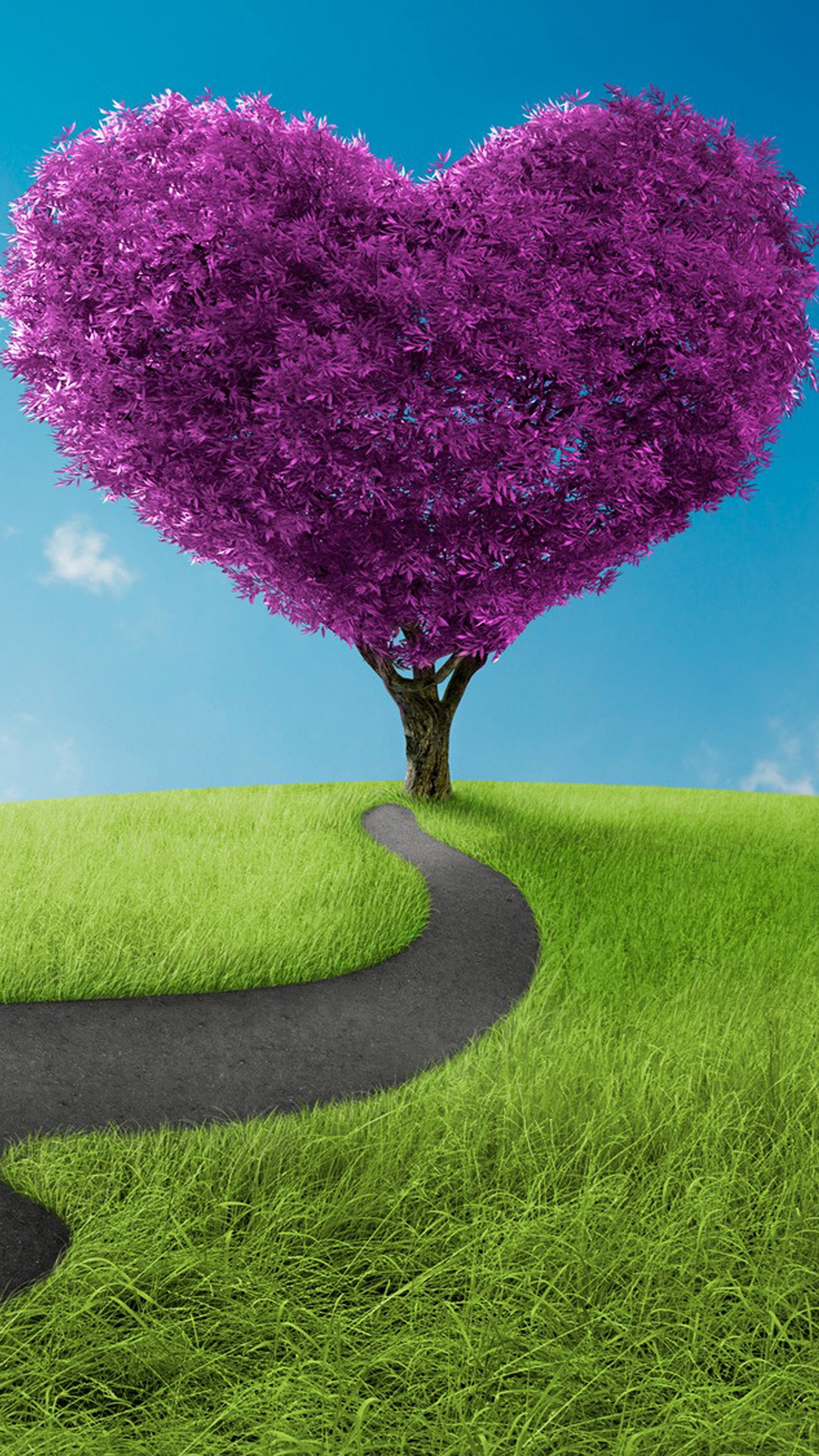 Un arbre en forme de cœur sur une colline herbeuse avec un chemin sinueux (cœur, amour, nature, violet, arbre)