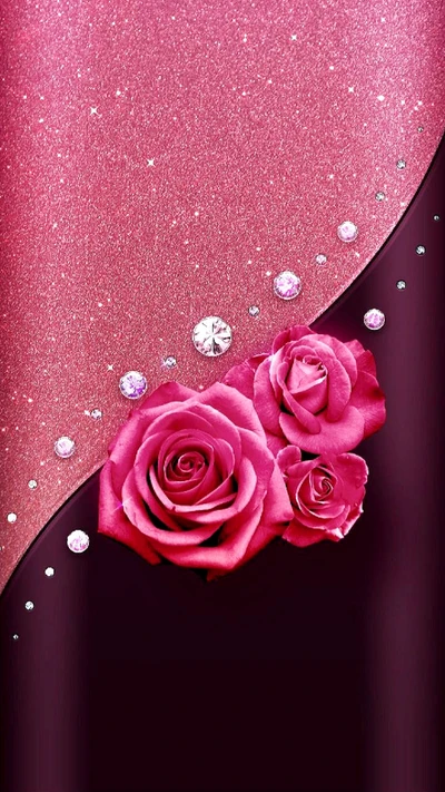 Elegant pink roses adorned with sparkling gems on a shimmering gradient background.